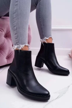 Damskie Botki Na Słupku Czarne Duo