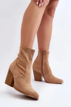 Damskie Botki Na Słupku Khaki Sanile