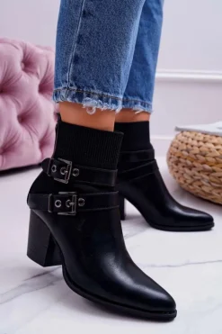 Damskie Botki Na Słupku Klamry W Szpic Czarne Fello