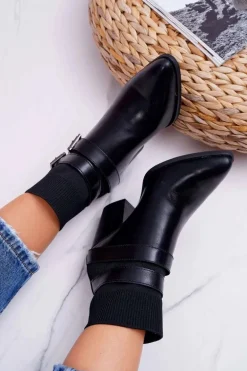 Damskie Botki Na Słupku Klamry W Szpic Czarne Fello