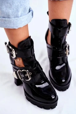 Damskie Botki Na Słupku Lakierowane Czarne Rock Time!