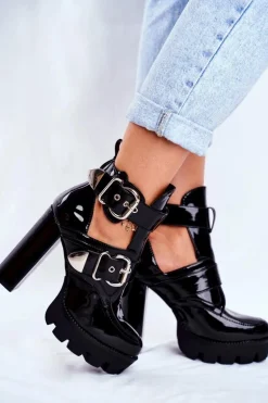 Damskie Botki Na Słupku Lakierowane Czarne Rock Time!