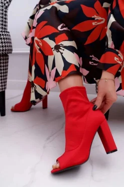 Damskie Botki Na Słupku Lycra Odkryte Palce Czerwone First