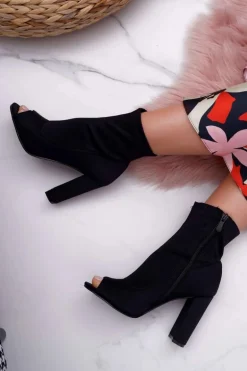 Damskie Botki Na Słupku Lycra Odkryte Palce Czarne First