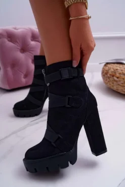 Damskie Botki Na Słupku Ocieplane Czarne Zamszowe Guiness