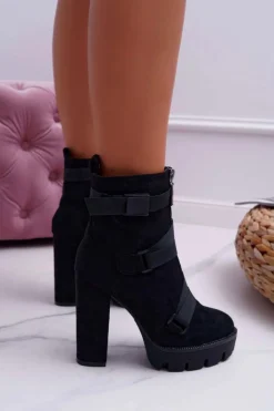 Damskie Botki Na Słupku Ocieplane Czarne Zamszowe Guiness