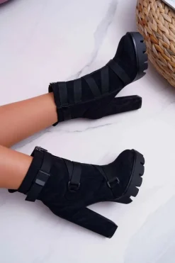 Damskie Botki Na Słupku Ocieplane Czarne Zamszowe Guiness