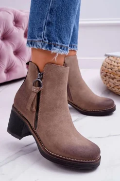 Damskie Botki Na Słupku Ocieplane Filcem Beżowe Delia