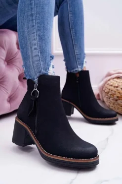 Damskie Botki Na Słupku Ocieplane Filcem Czarne Delia