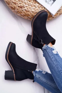 Damskie Botki Na Słupku Ocieplane Filcem Czarne Delia