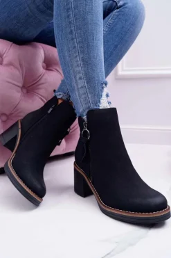 Damskie Botki Na Słupku Ocieplane Filcem Czarne Delia