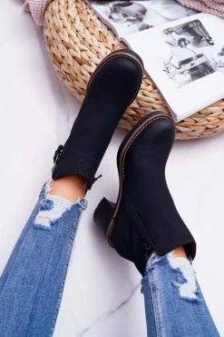 Damskie Botki Na Słupku Ocieplane Filcem Czarne Delia