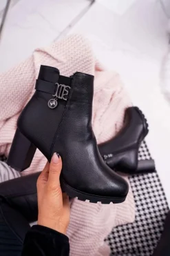 Damskie Botki Na Słupku Ocieplane Czarne Teleni