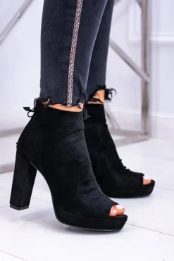 Damskie Botki Na Słupku Odkryte Palce Czarne Temira