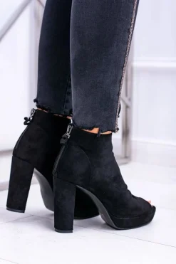 Damskie Botki Na Słupku Odkryte Palce Czarne Temira
