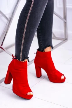 Damskie Botki Na Słupku Odkryte Palce Czerwone Temira