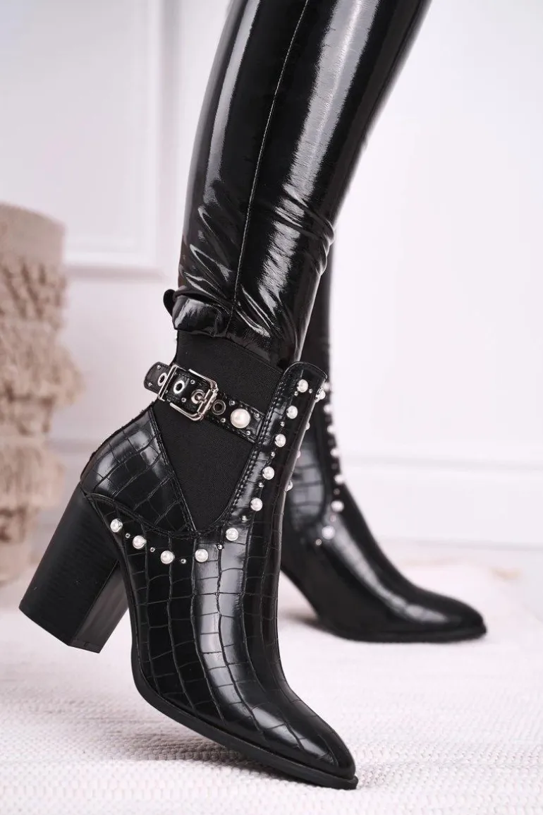 Damskie Botki Na Słupku Perły Czarne Verbos