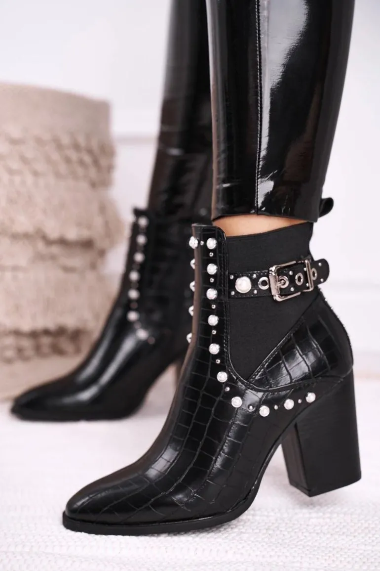 Damskie Botki Na Słupku Perły Czarne Verbos