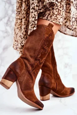 Damskie Botki Na Słupku Skórzane Wysokie Koniak Rosemary