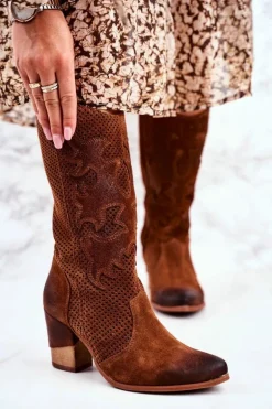 Damskie Botki Na Słupku Skórzane Wysokie Koniak Rosemary