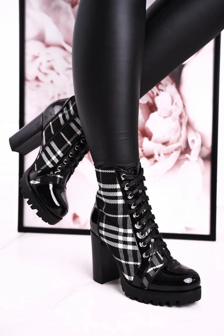 Damskie Botki Na Słupku W Kratę Czarne Blair