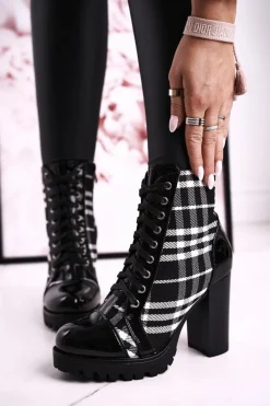 Damskie Botki Na Słupku W Kratę Czarne Blair