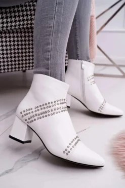 Damskie Botki Na Słupku W Szpic Z Nitami Białe Primma