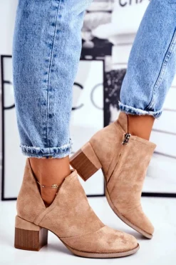 Damskie Botki Na Słupku Wycięte Khaki Mini Meliori