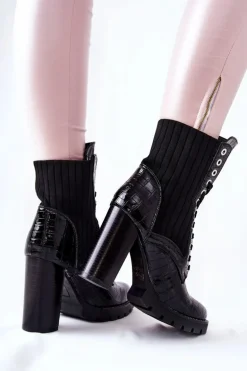 Damskie Botki Na Słupku Wysokie Wzór Krokodyla Czarne Erdogan