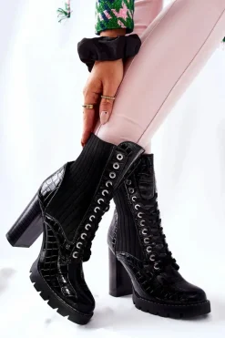 Damskie Botki Na Słupku Wysokie Wzór Krokodyla Czarne Erdogan