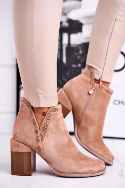 Damskie Botki Na Słupku Wycięte Khaki Meliori Dream