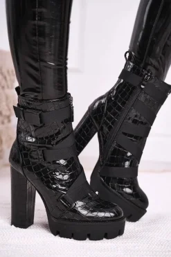 Damskie Botki na Słupku Wysokie Czarne Hortego