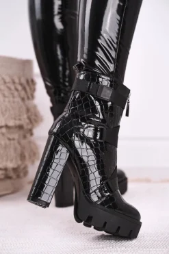 Damskie Botki na Słupku Wysokie Czarne Hortego