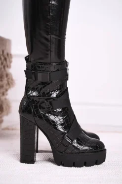 Damskie Botki na Słupku Wysokie Czarne Hortego