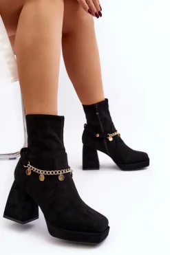 Damskie Botki Na Słupku Z Łańcuszkiem Czarne Tiselo
