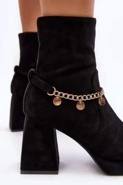 Damskie Botki Na Słupku Z Łańcuszkiem Czarne Tiselo