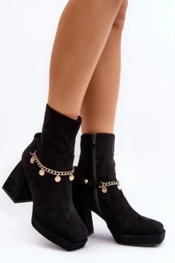 Damskie Botki Na Słupku Z Łańcuszkiem Czarne Tiselo