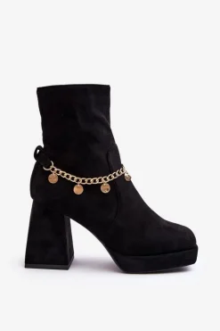 Damskie Botki Na Słupku Z Łańcuszkiem Czarne Tiselo