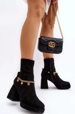 Damskie Botki Na Słupku Z Łańcuszkiem Czarne Tiselo