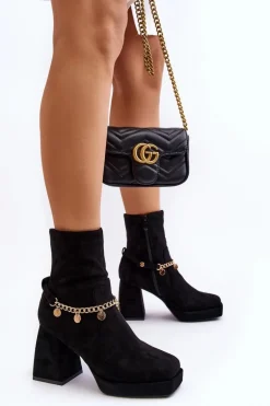 Damskie Botki Na Słupku Z Łańcuszkiem Czarne Tiselo