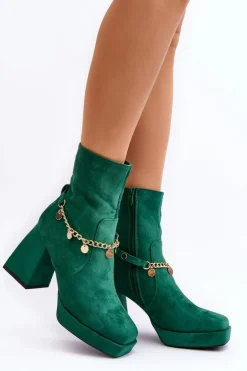 Damskie Botki Na Słupku Z Łańcuszkiem Zielone Tiselo