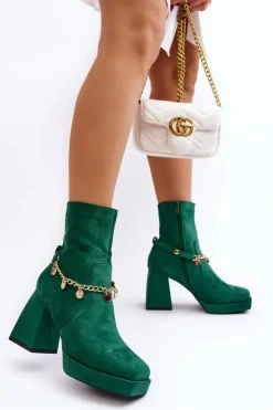 Damskie Botki Na Słupku Z Łańcuszkiem Zielone Tiselo