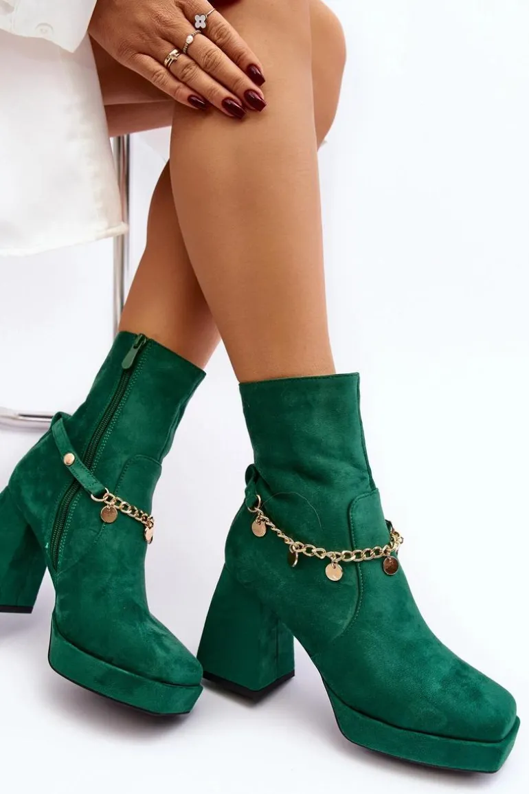 Damskie Botki Na Słupku Z Łańcuszkiem Zielone Tiselo