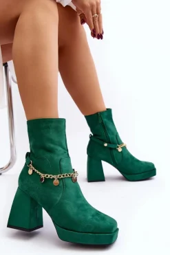 Damskie Botki Na Słupku Z Łańcuszkiem Zielone Tiselo