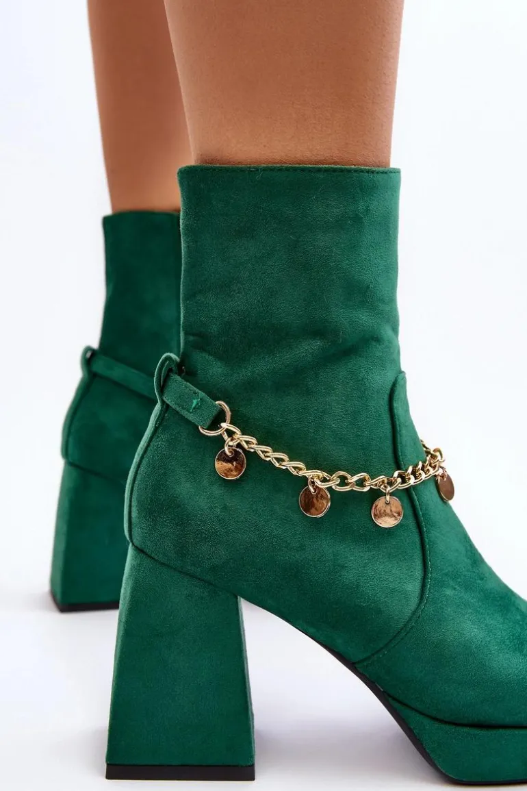 Damskie Botki Na Słupku Z Łańcuszkiem Zielone Tiselo