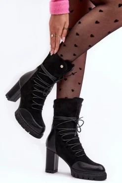 Damskie Botki Na Słupku Z Wiązaniem Czarne Artie