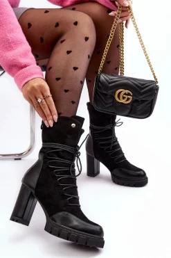 Damskie Botki Na Słupku Z Wiązaniem Czarne Artie