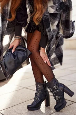 Damskie Botki Na Słupku z Ćwiekami Czarne Olivia