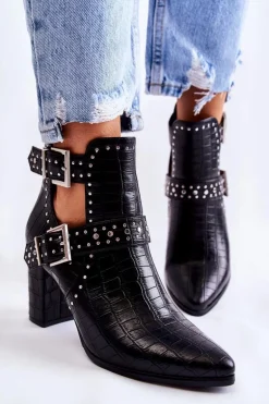 Damskie Botki Na Słupku Z Dżetami Czarne Kelin