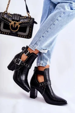 Damskie Botki Na Słupku Z Dżetami Czarne Kelin